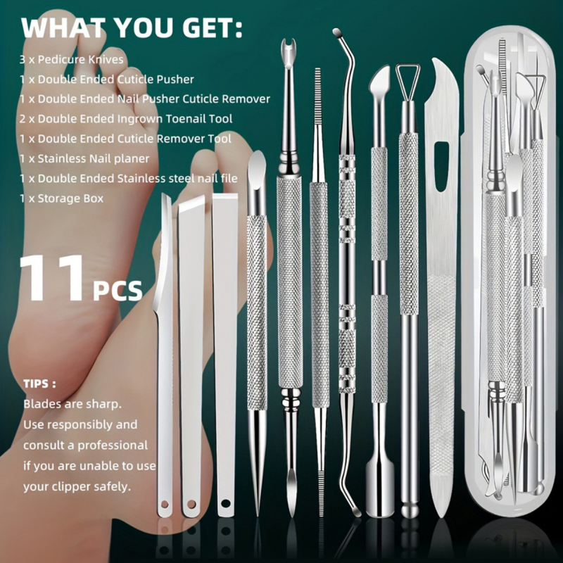 10 gabalu nerūsējošā tērauda nagu un pēdu kopšanas rīku komplekts, paredzēts mirušas ādas un kalus noņemšanai, iekļauj nagu griezēju, komēdo adatu un tīrīšanas rīku
