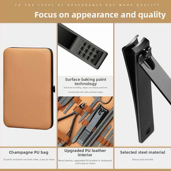 Σετ εργαλείων περιποίησης νυχιών από ανοξείδωτο και ανθρακούχο ατσάλι; περιλαμβάνει αρχείο απομάκρυνσης νεκρού δέρματος, εργαλείο λείανσης επιφάνειας και εργαλεία κοπής νυχιών; Καθαρό βάρος 255 g.