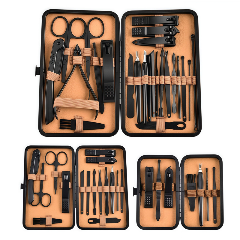 Комплект за грижа за ноктите от неръждаема и въглеродна стомана; включва файл за премахване на мъртва кожа, шлайф за повърхността на нокътя и инструменти за подрязване; нетно тегло 255 g.