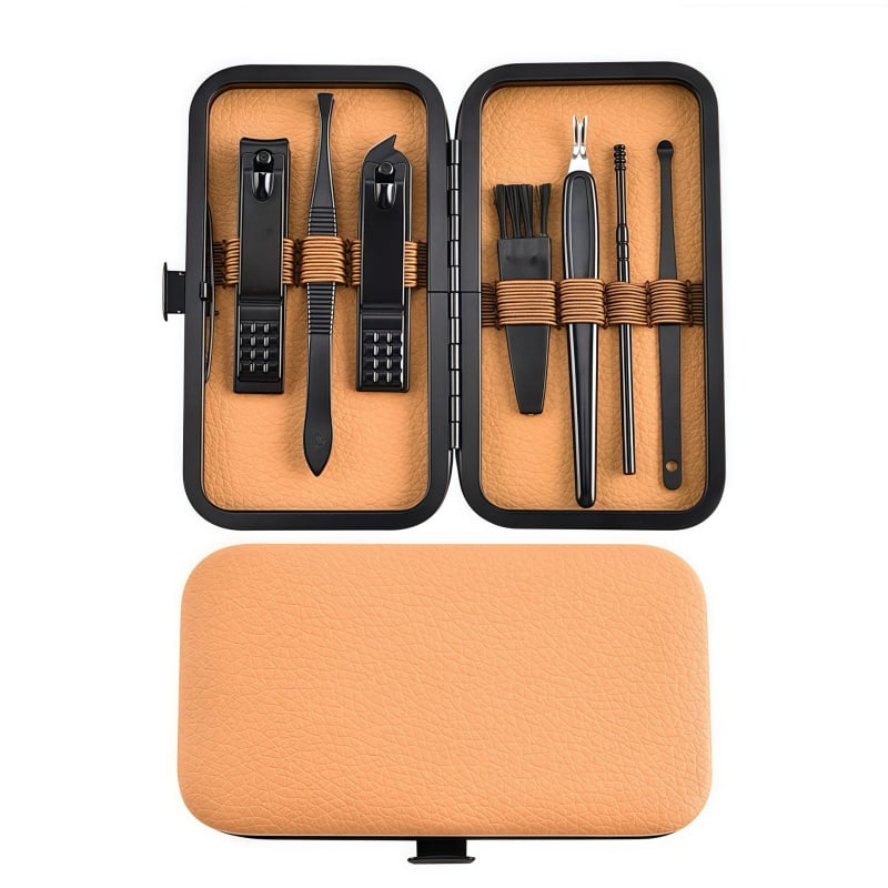 Комплект за грижа за ноктите от неръждаема и въглеродна стомана; включва файл за премахване на мъртва кожа, шлайф за повърхността на нокътя и инструменти за подрязване; нетно тегло 255 g.