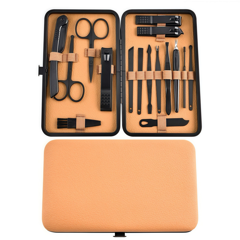 Комплект за грижа за ноктите от неръждаема и въглеродна стомана; включва файл за премахване на мъртва кожа, шлайф за повърхността на нокътя и инструменти за подрязване; нетно тегло 255 g.