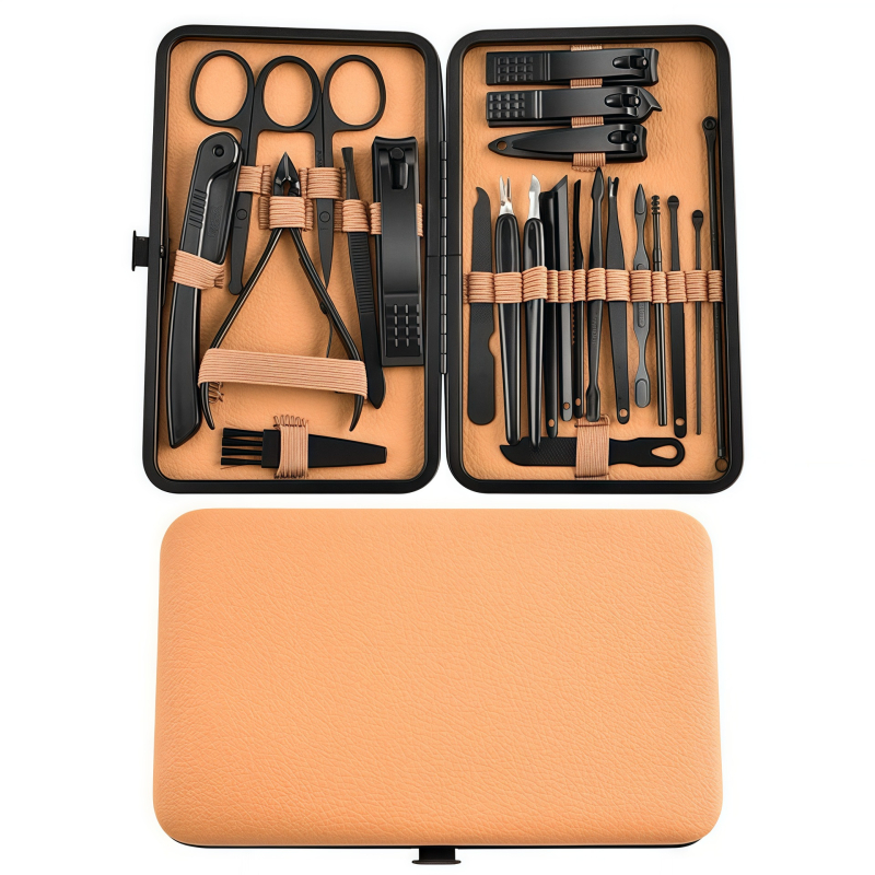 Комплект за грижа за ноктите от неръждаема и въглеродна стомана; включва файл за премахване на мъртва кожа, шлайф за повърхността на нокътя и инструменти за подрязване; нетно тегло 255 g.