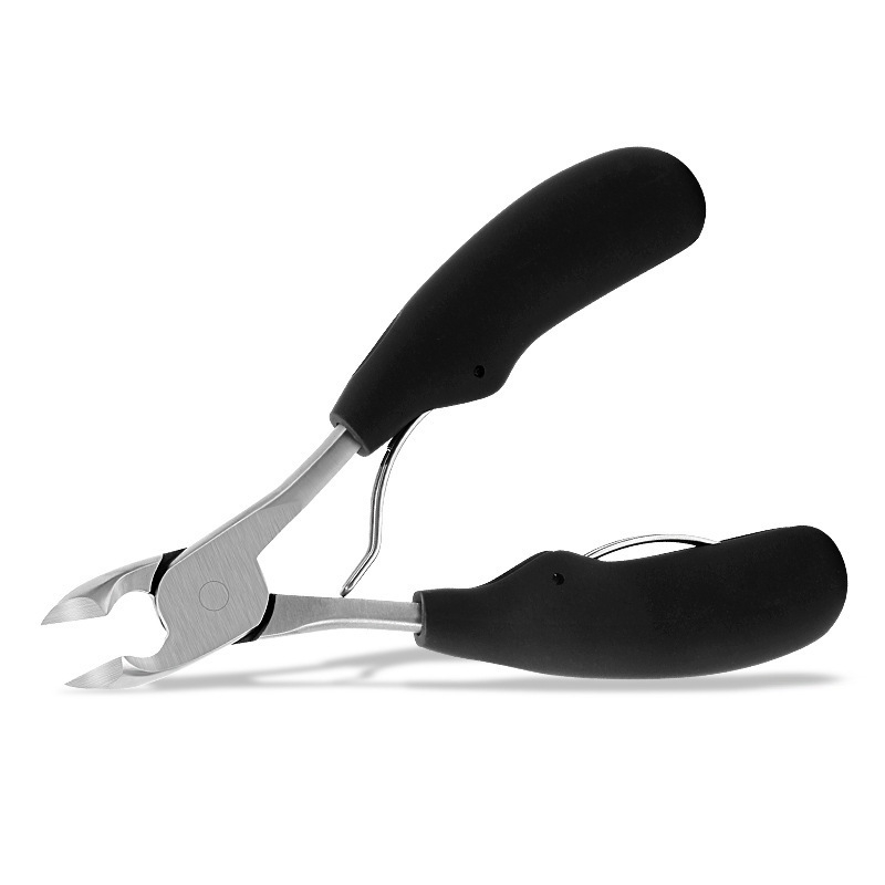 Nago griovelių žnyplės su plastiko rankena ir nerūdijančio plieno dantimis, skirtos manikiūrui ir pedikiūrui