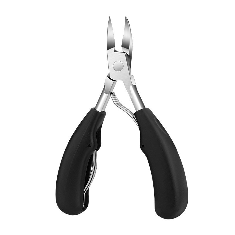 Nago griovelių žnyplės su plastiko rankena ir nerūdijančio plieno dantimis, skirtos manikiūrui ir pedikiūrui