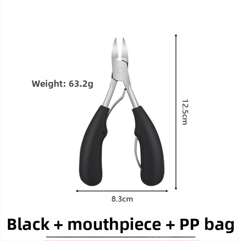 Nago griovelių žnyplės su plastiko rankena ir nerūdijančio plieno dantimis, skirtos manikiūrui ir pedikiūrui