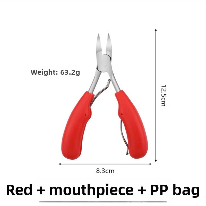 Nago griovelių žnyplės su plastiko rankena ir nerūdijančio plieno dantimis, skirtos manikiūrui ir pedikiūrui
