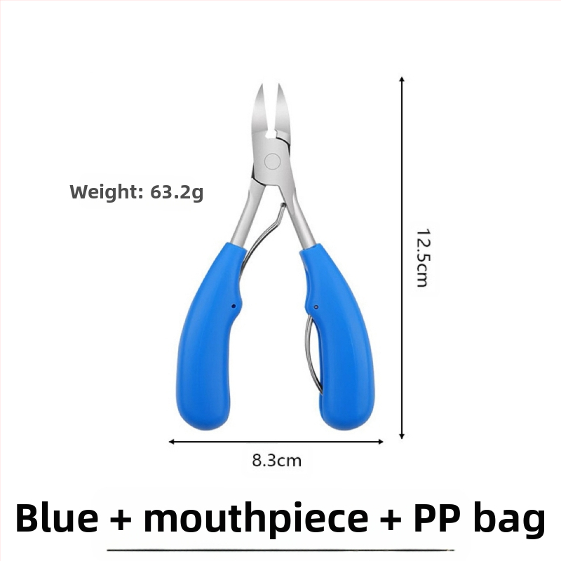 Nago griovelių žnyplės su plastiko rankena ir nerūdijančio plieno dantimis, skirtos manikiūrui ir pedikiūrui