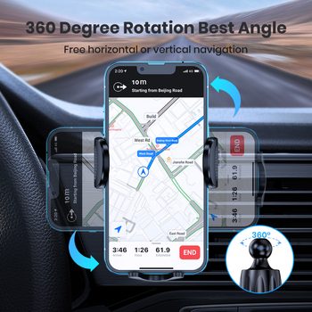 Suport pentru telefon auto cu cârlig, prindere pe ventilator rotativ, navigație universală; montaj prin snap-in și ventuză