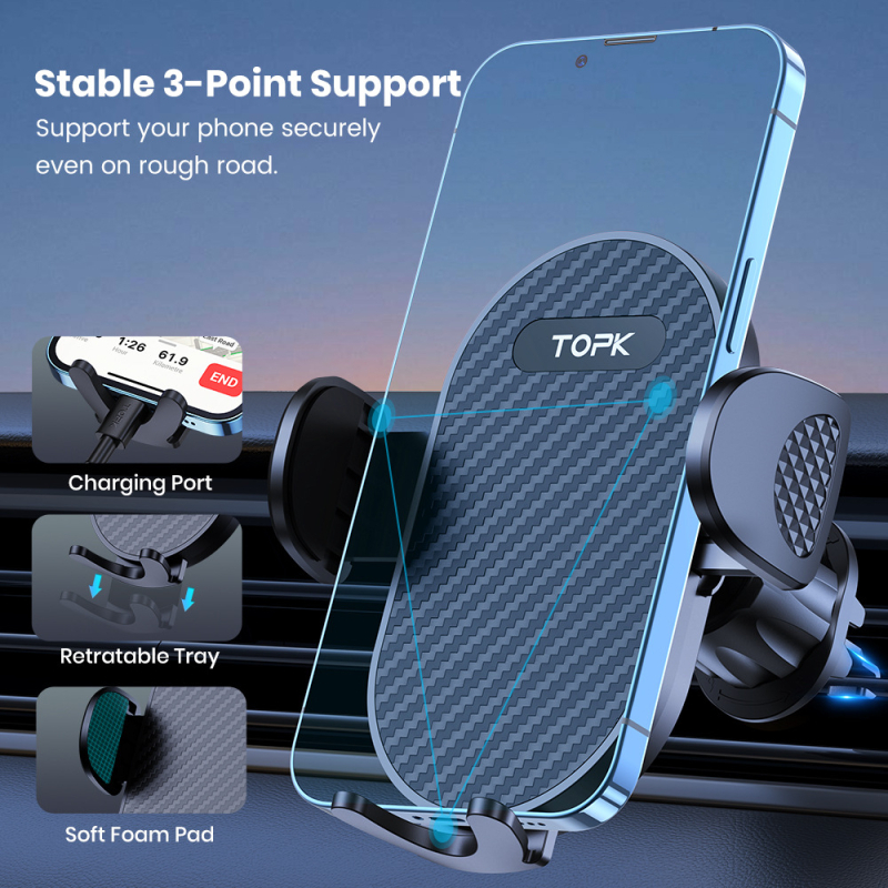 Suport pentru telefon auto cu cârlig, prindere pe ventilator rotativ, navigație universală; montaj prin snap-in și ventuză