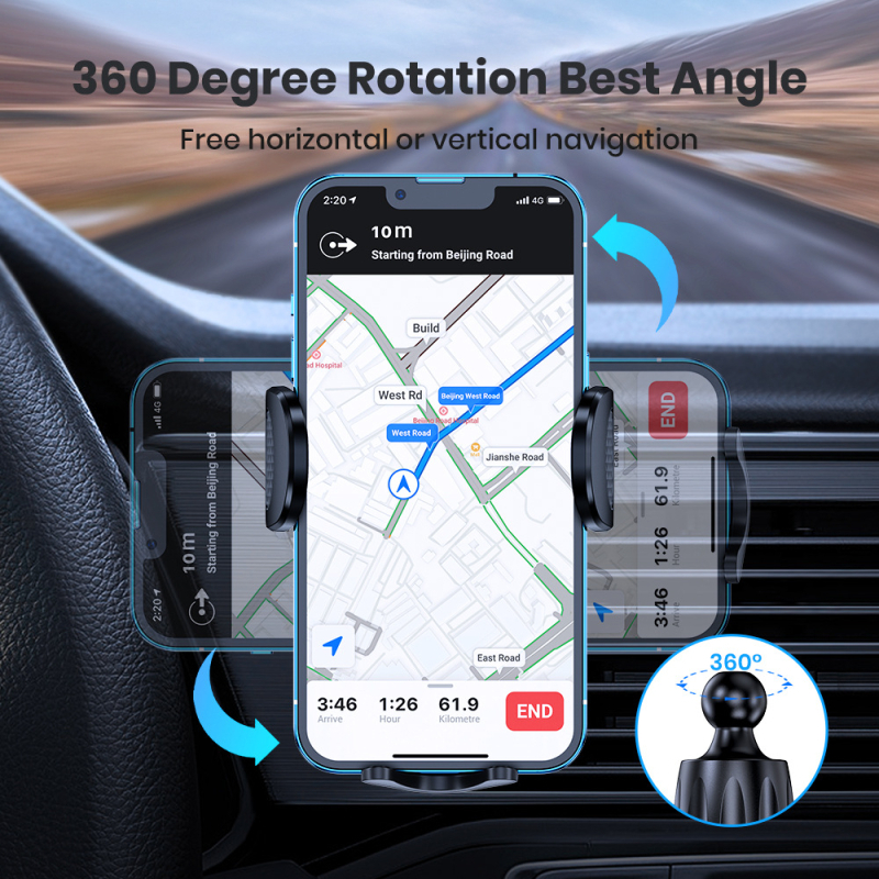 Suport pentru telefon auto cu cârlig, prindere pe ventilator rotativ, navigație universală; montaj prin snap-in și ventuză