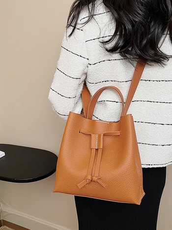 Γυναικεία PU Bucket Bag — κάθετη τετράγωνη σιλουέτα, στυλ αστικής απλότητας, κλείσιμο με κορδάνι, θήκη για κινητό