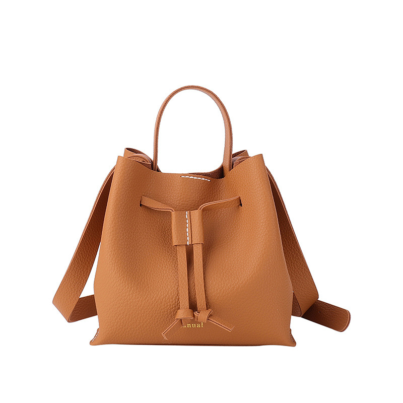 Geantă de damă din PU Bucket Bag — siluetă vertical-pătrată, stil urban simplu, închidere cu șnur, buzunar pentru telefon