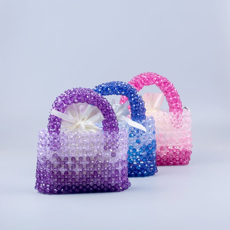 Geantă din acril cu mărgele, împletită manual, gradient, formă verticală pătrată, design tridimensional, buzunare interne pentru telefon și ID