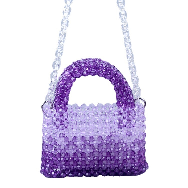 Geantă din acril cu mărgele, împletită manual, gradient, formă verticală pătrată, design tridimensional, buzunare interne pentru telefon și ID