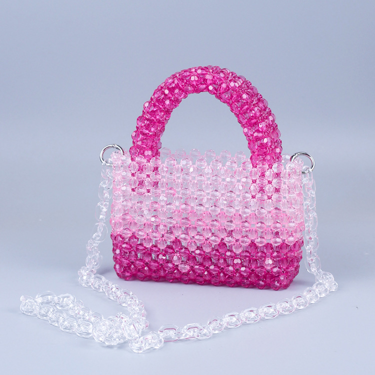 Geantă din acril cu mărgele, împletită manual, gradient, formă verticală pătrată, design tridimensional, buzunare interne pentru telefon și ID