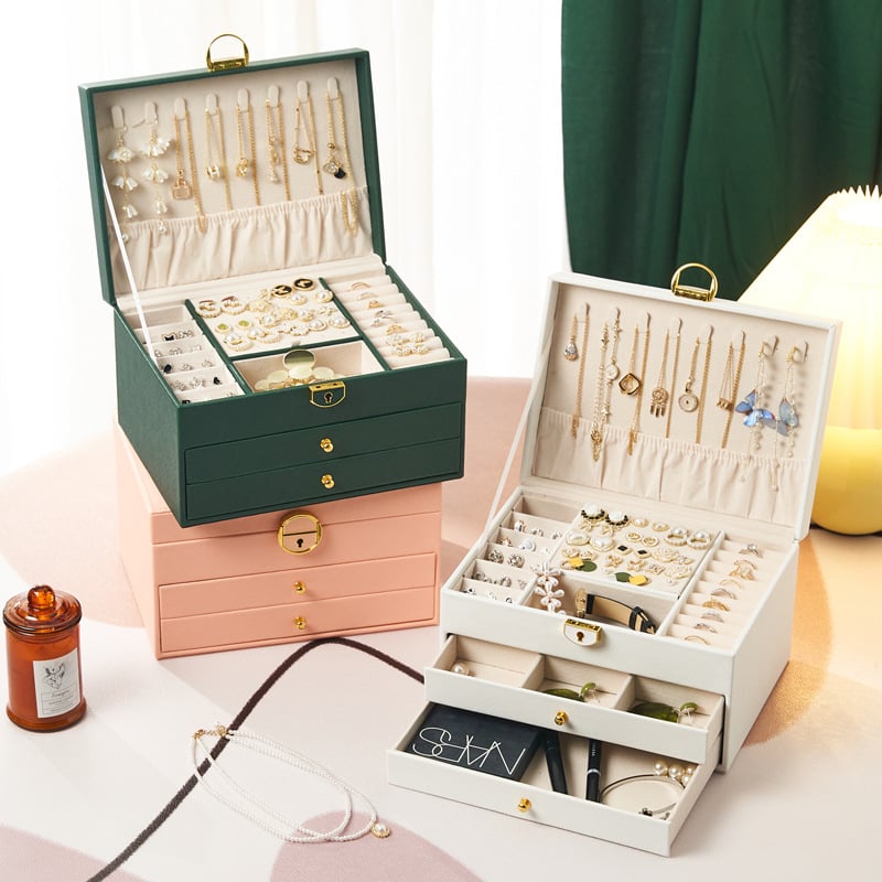 Deimantinės formos odinė juvelyrinių dirbinių dėžutė su spyna – 3 sluoksniai, stalinis saugojimas, antioksidacija, dulkių atspari, nešiojama