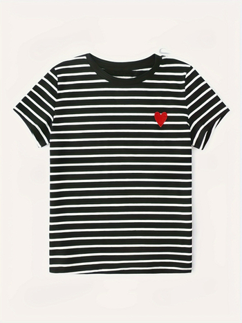 Tricou cu imprimeu inimă, guler rotund, mâneci scurte, poliester 95%+ și Spandex