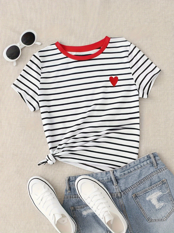 Μπλουζάκι με καρδιά μοτίβο, λαιμόκοψη crewneck, κοντά μανίκια, 95% πολυεστέρα + Spandex