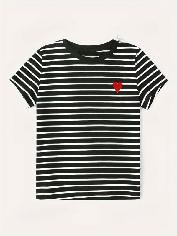 Tricou cu imprimeu inimă, guler rotund, mâneci scurte, poliester 95%+ și Spandex
