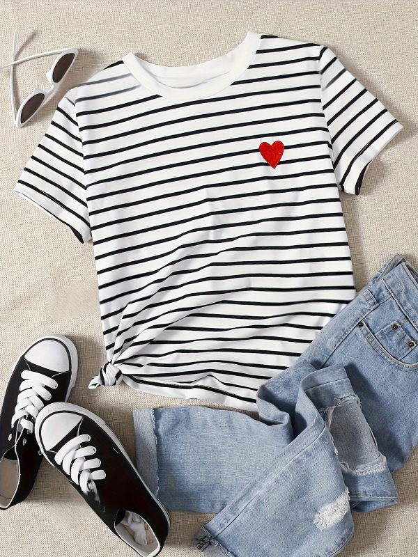 Tricou cu imprimeu inimă, guler rotund, mâneci scurte, poliester 95%+ și Spandex