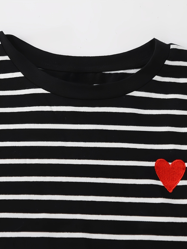 Tricou cu imprimeu inimă, guler rotund, mâneci scurte, poliester 95%+ și Spandex