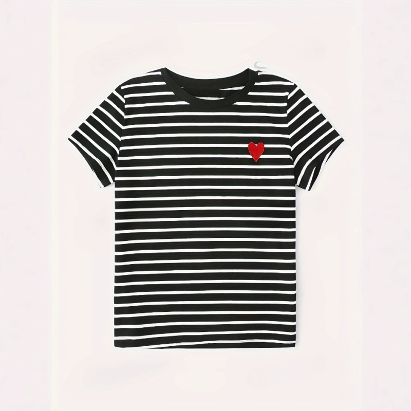 Tricou cu imprimeu inimă, guler rotund, mâneci scurte, poliester 95%+ și Spandex