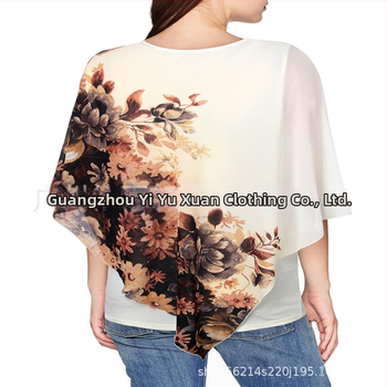 Šifono marškinėliai su spauda, laisvas kirpimas, apvalus kaklo iškirptė, batwing rankovės, ilgis 50–65 cm