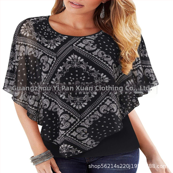Šifono marškinėliai su spauda, laisvas kirpimas, apvalus kaklo iškirptė, batwing rankovės, ilgis 50–65 cm