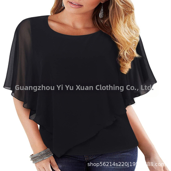 Šifono marškinėliai su spauda, laisvas kirpimas, apvalus kaklo iškirptė, batwing rankovės, ilgis 50–65 cm