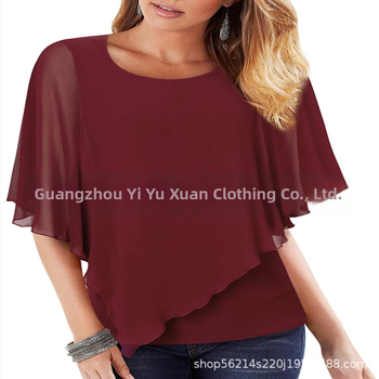 Šifono marškinėliai su spauda, laisvas kirpimas, apvalus kaklo iškirptė, batwing rankovės, ilgis 50–65 cm