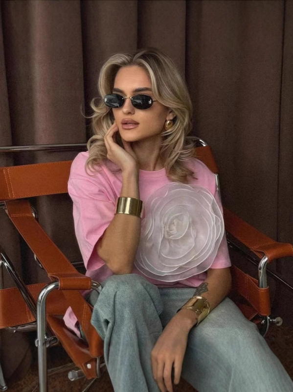 Ženski pamučni T‑shirt – okrugli izrez, kratki rukavi, slobodan kroj, srednja duljina, otisak cvijeća u obliku trube, casual japansko-korejski stil