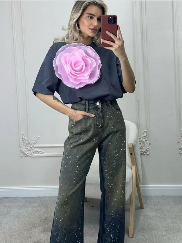 Ženski pamučni T‑shirt – okrugli izrez, kratki rukavi, slobodan kroj, srednja duljina, otisak cvijeća u obliku trube, casual japansko-korejski stil