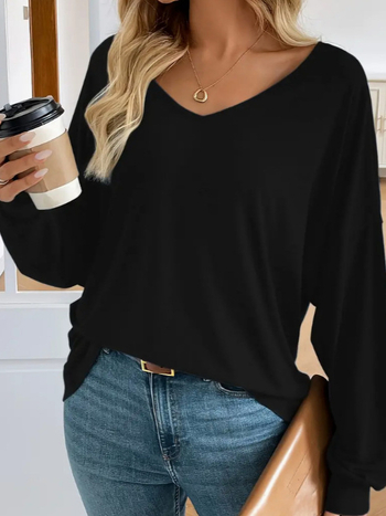 Moteriški V kaklo marškinėliai su nugaros raištuko detale, laisvo kirpimo, ilgos rankovės, poliesterio mišinio audinys 30-50%