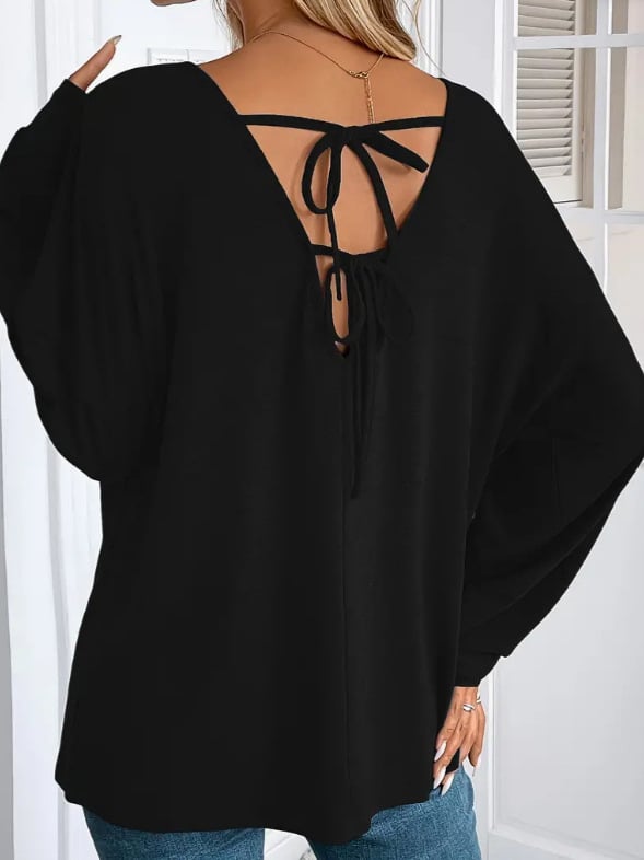 Moteriški V kaklo marškinėliai su nugaros raištuko detale, laisvo kirpimo, ilgos rankovės, poliesterio mišinio audinys 30-50%