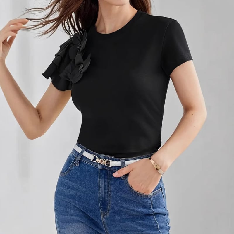 Tricou din poliester, model geometric, guler rotund, mâneci scurte, croială slim