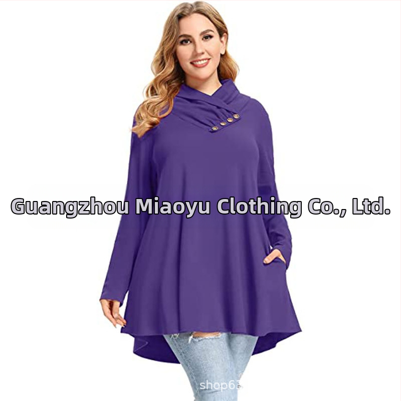 Дълъг ръкав дамска блуза от полиестер със наклонена яка, свободен силует, еднотонен модел