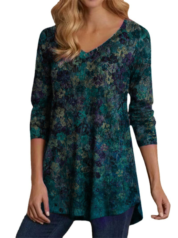 Top din bumbac, mâneci lungi, decolteu în V, croi lejer, imprimeu digital floral, stil leisure coreean-japonez