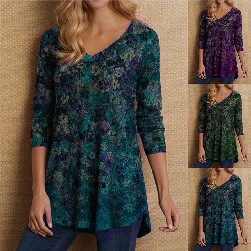 Top din bumbac, mâneci lungi, decolteu în V, croi lejer, imprimeu digital floral, stil leisure coreean-japonez