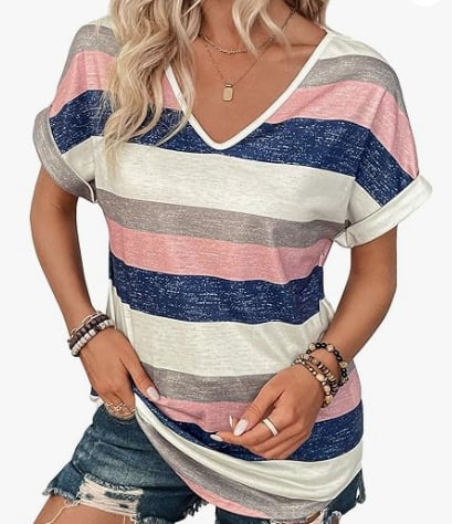 Tricou damă cu imprimeu în dungi și mâneci batwing