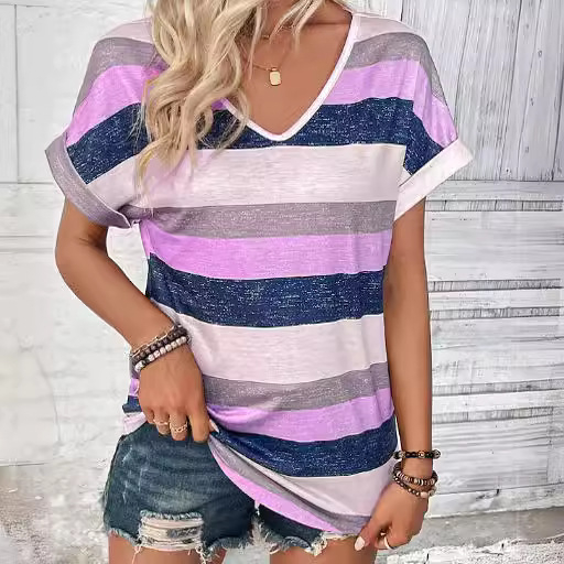 Tricou damă cu imprimeu în dungi și mâneci batwing