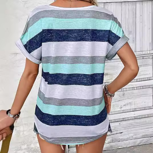 Tricou damă cu imprimeu în dungi și mâneci batwing