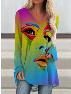 Γυναικείο T‑shirt – φαρδιά γραμμή, μακριά μανίκια, στρογγυλή λαιμόκοψη, πολυεστερική ύλη, ψηφιακή εκτύπωση ρετρό αφηρημένου προσώπου