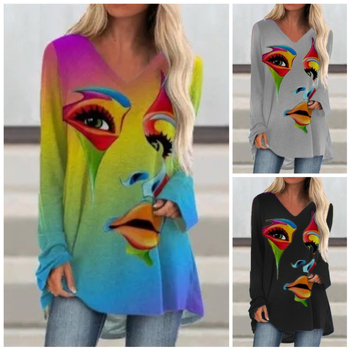 Tricou femei – croială lejeră, mâneci lungi, guler rotund, țesătură poliester, imprimare digitală cu față abstractă retro