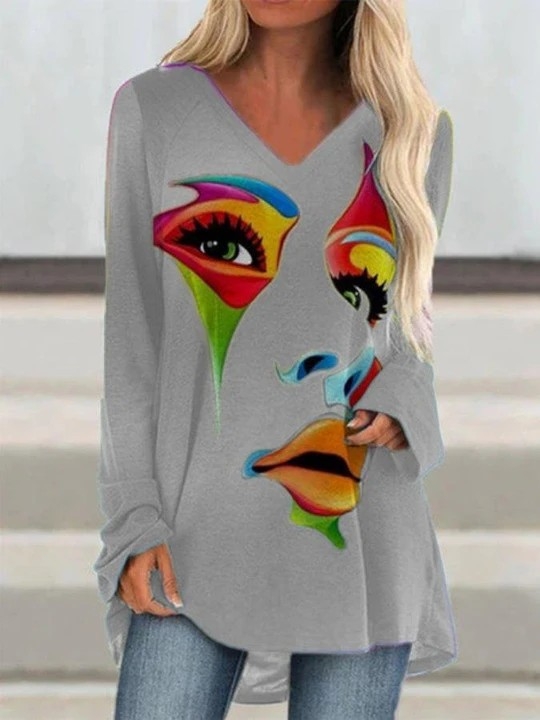 Tricou femei – croială lejeră, mâneci lungi, guler rotund, țesătură poliester, imprimare digitală cu față abstractă retro