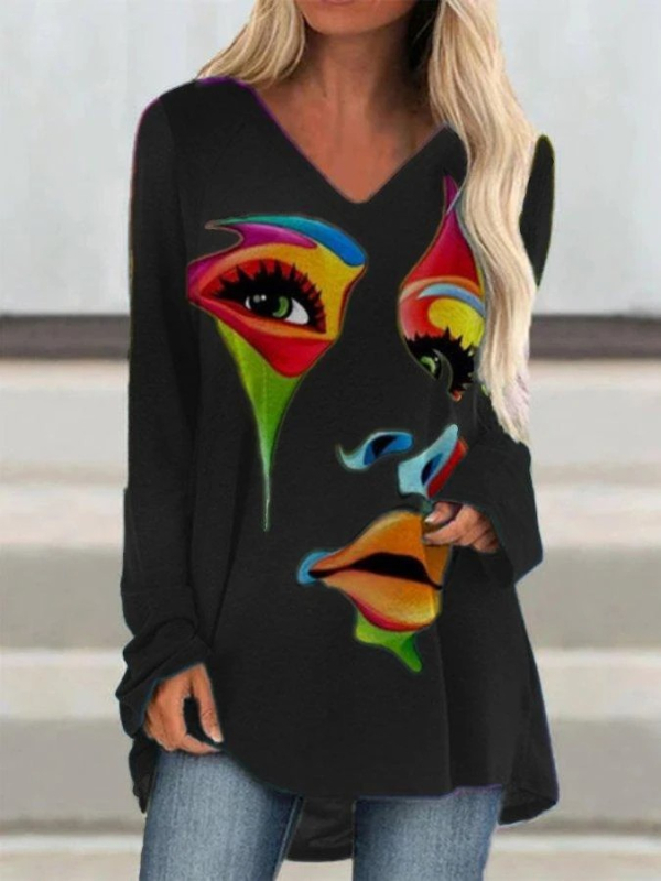 Tricou femei – croială lejeră, mâneci lungi, guler rotund, țesătură poliester, imprimare digitală cu față abstractă retro