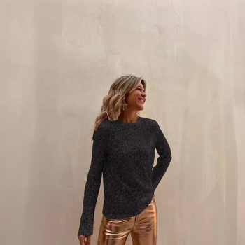 Τοπ με παγιέτες, μακριά μανίκια, στρογγυλός λαιμός, κανονικό μήκος, 90-95% πολυεστέρας, φθινόπωρο 2024