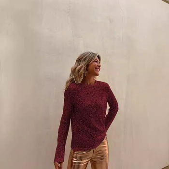 Τοπ με παγιέτες, μακριά μανίκια, στρογγυλός λαιμός, κανονικό μήκος, 90-95% πολυεστέρας, φθινόπωρο 2024