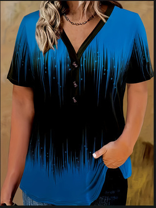 T-shirt με V-λαιμό, γεωμετρικό μοτίβο, 90-95% πολυεστέρας, κοντό μανίκι, άνετη γραμμή