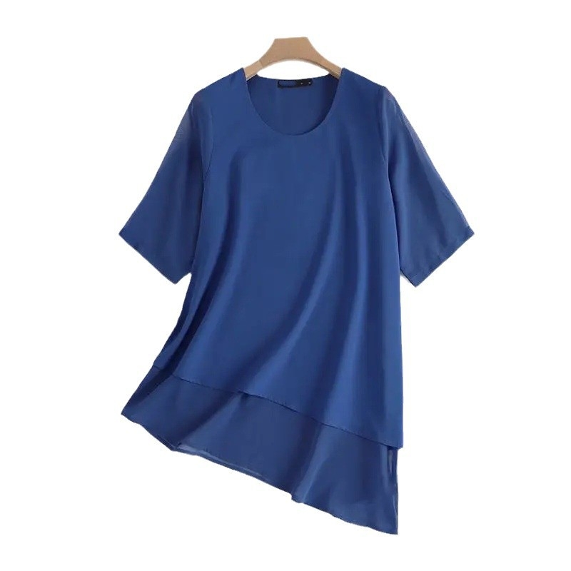 Cămașă pentru femei din chiffon dublu strat, mâneci 3/4, guler rotund, croială lejeră, lungime medie, amestec de poliester