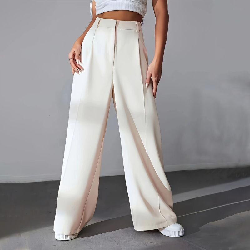 Pantaloni femei drepti, talie înaltă, poliester, conținut principal 90–95%, stil de deplasare